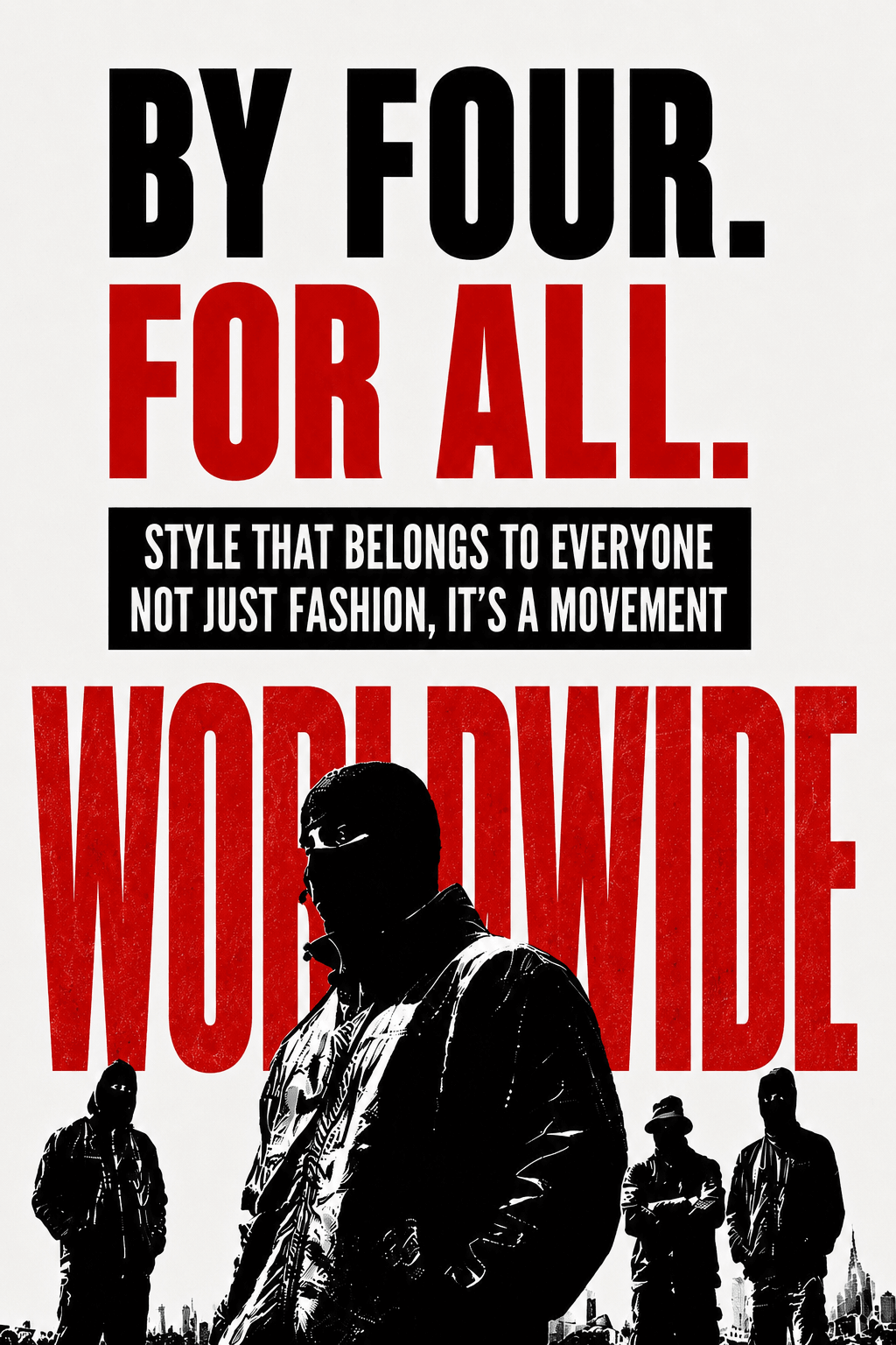 BY FOUR. FOR ALL. Style that belongs to everyone, not just fashion, it’s a movement. Ilustración en alto contraste con figuras urbanas y un 4 rojo de gran tamaño.